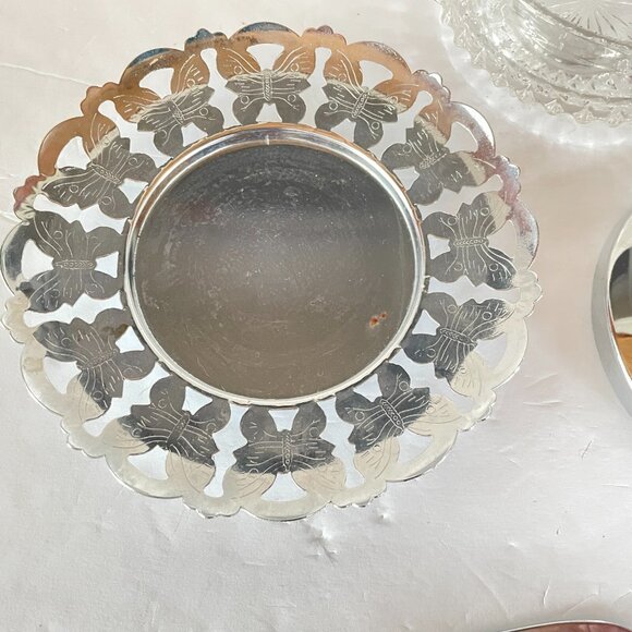 Vintage Glass Butter Dish Jam Jar Sugar Bowl w Lid Tray & Spreader Chrome Plated - Picture 6 of 11